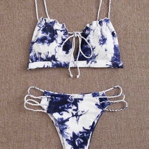 Blue and white tie dye bathing suit.